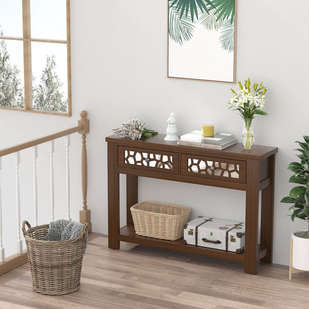 2-Tier Console Table with Drawers and Open Storage Shelf