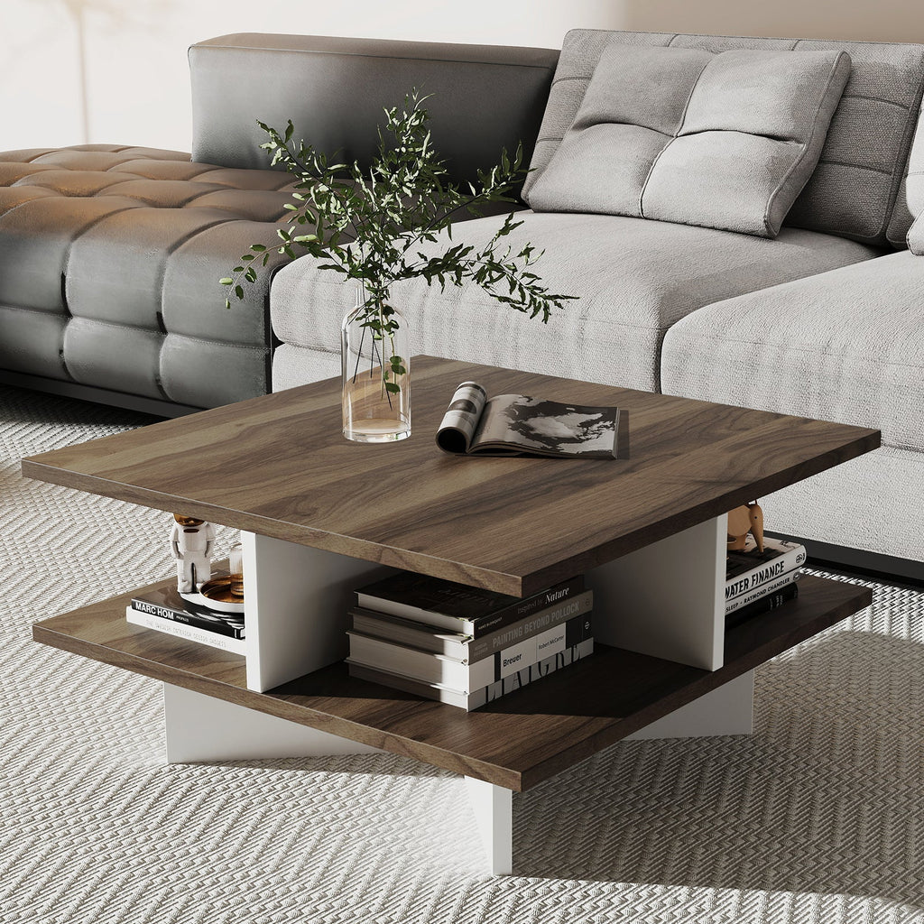 2-Tier Square Coffee Table with 4 Storage Compartments-Walnut