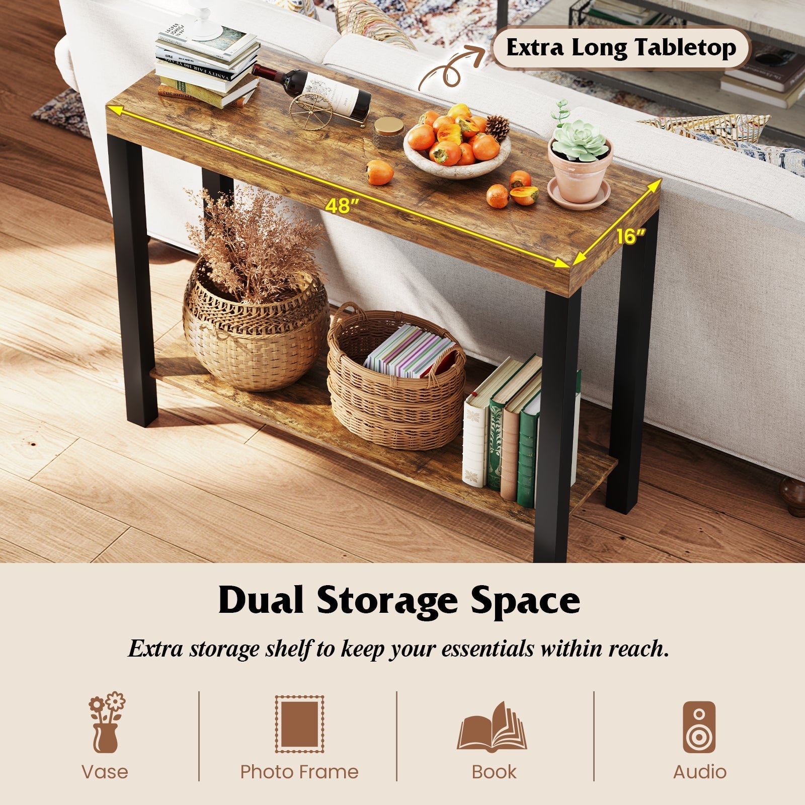 2-Tier Home Bar Table with Open Shelves and Storage for Home Kitchen Living Room Pub-Rustic Brown