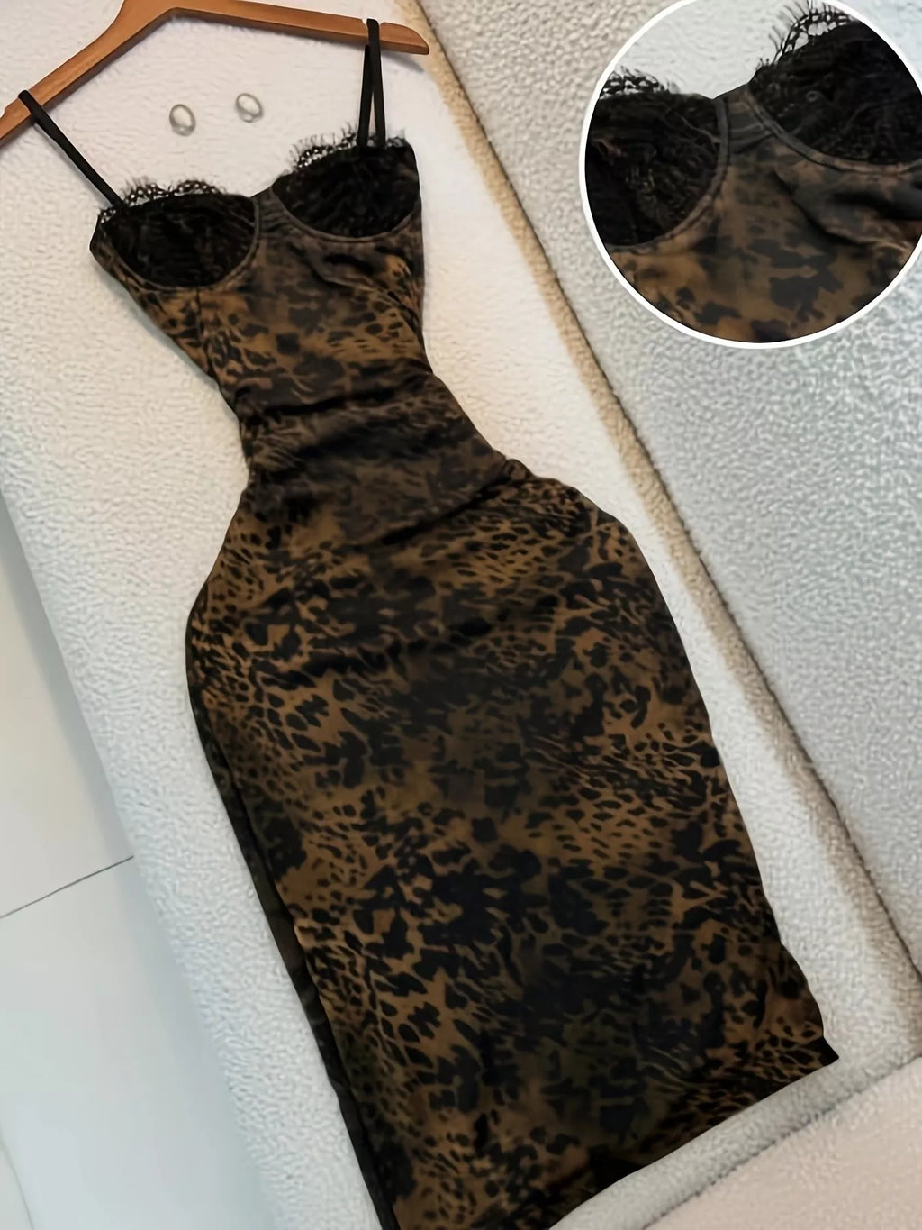 Leopard Print Lace Trim Bodycon Midi Dress