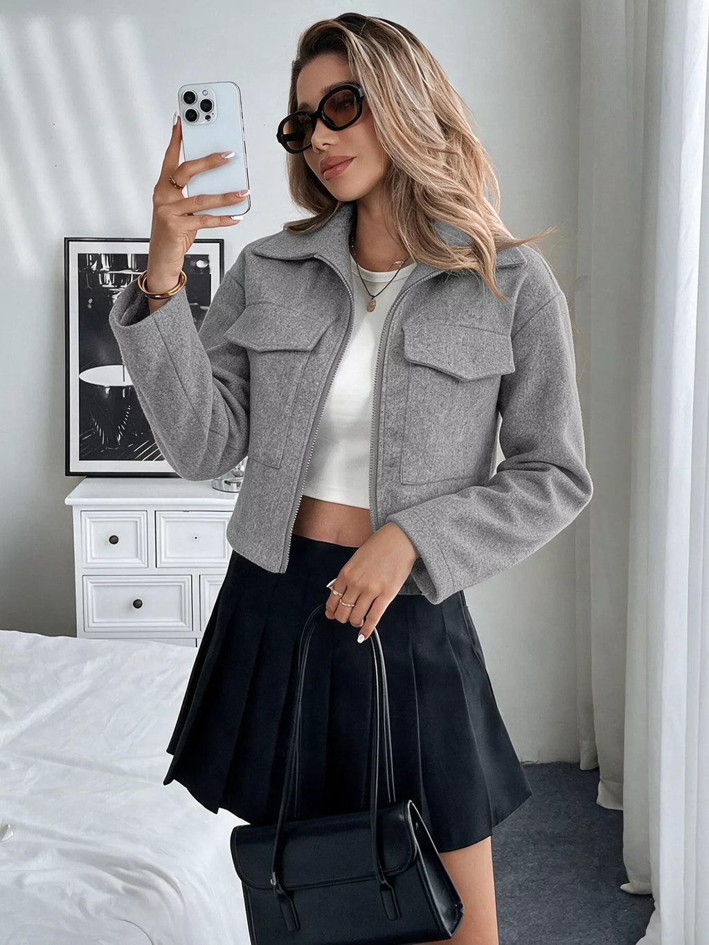 Zip Up Cropped Shacket with Flap Pockets