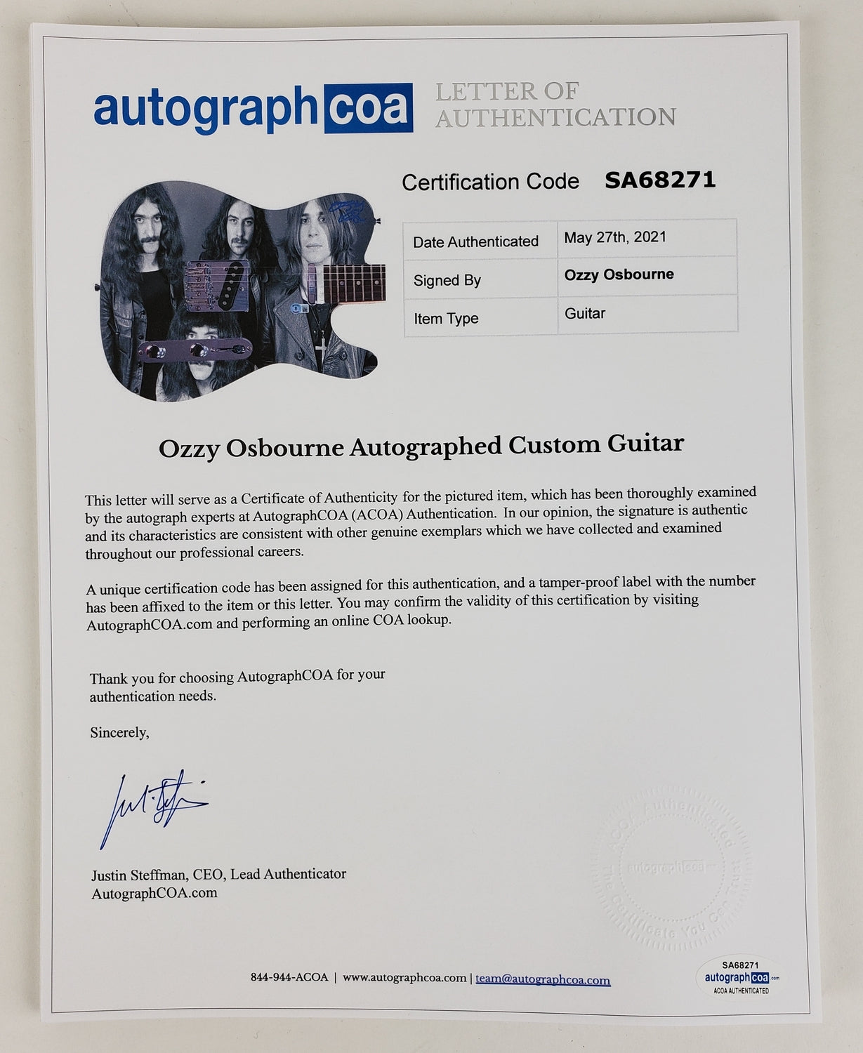 Black Sabbath Ozzy Osbourne Signed Graphics Photo Guitar BAS Witness