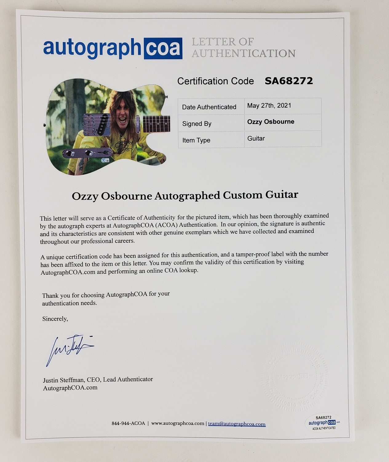 Black Sabbath Ozzy Osbourne Signed Graphics Photo Guitar BAS Witness