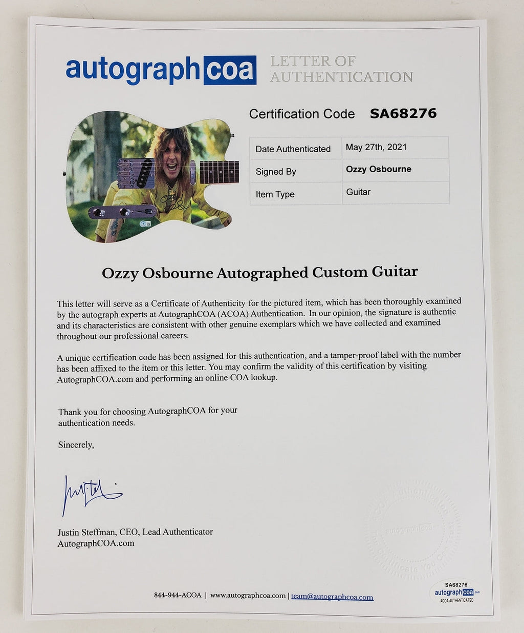 Black Sabbath Ozzy Osbourne Signed Autographed Graphics Photo Guitar BAS Witness