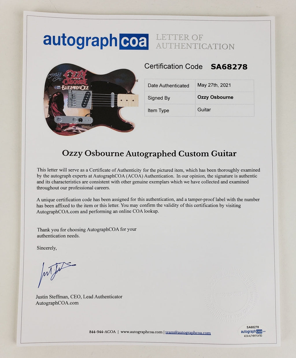 Ozzy Osbourne Autographed Fender Blizzard Of Ozz Graphics Photo Guitar BAS Witness