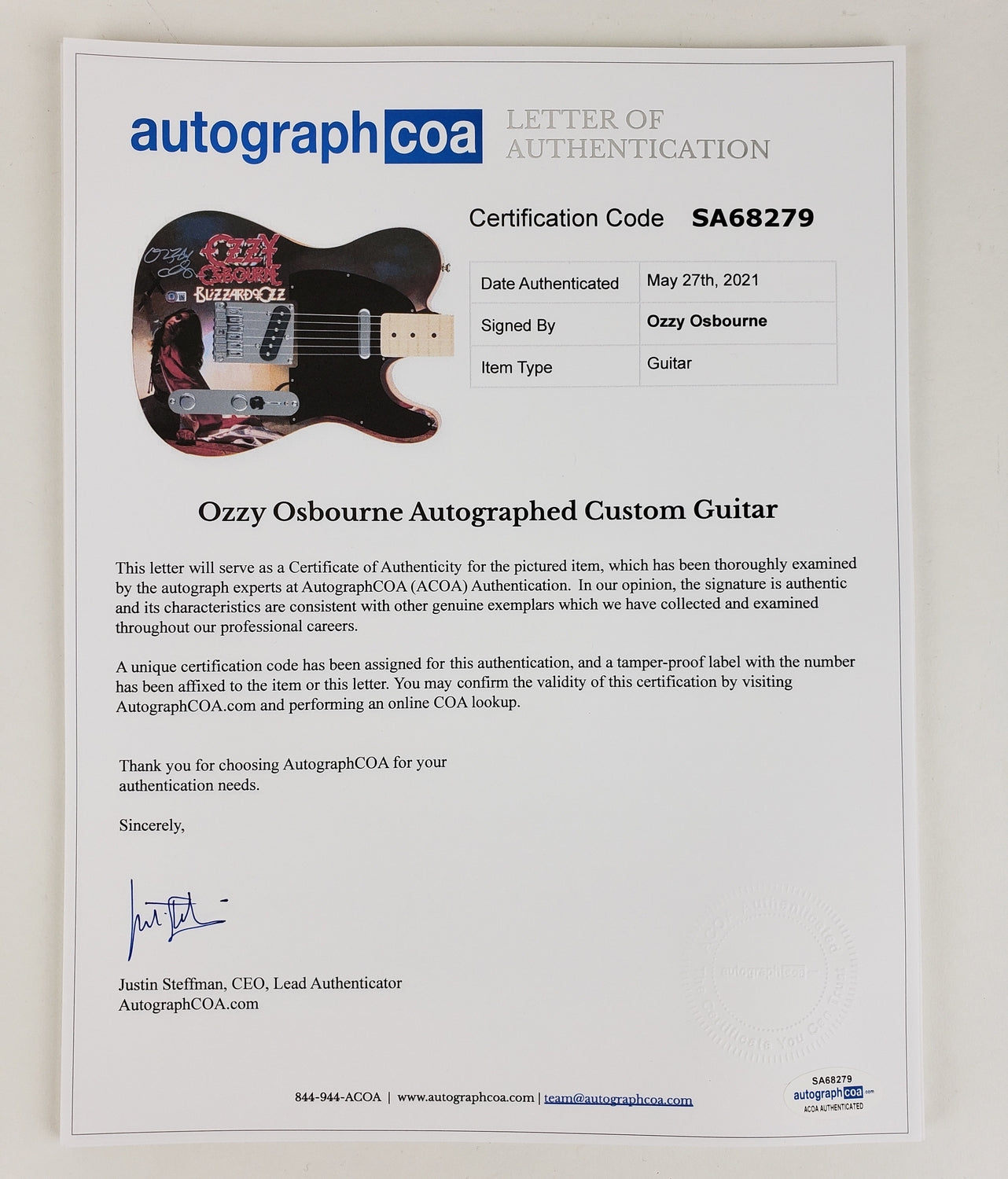 Ozzy Osbourne Autographed Fender Blizzard Of Ozz  Graphics Photo Guitar BAS Witness