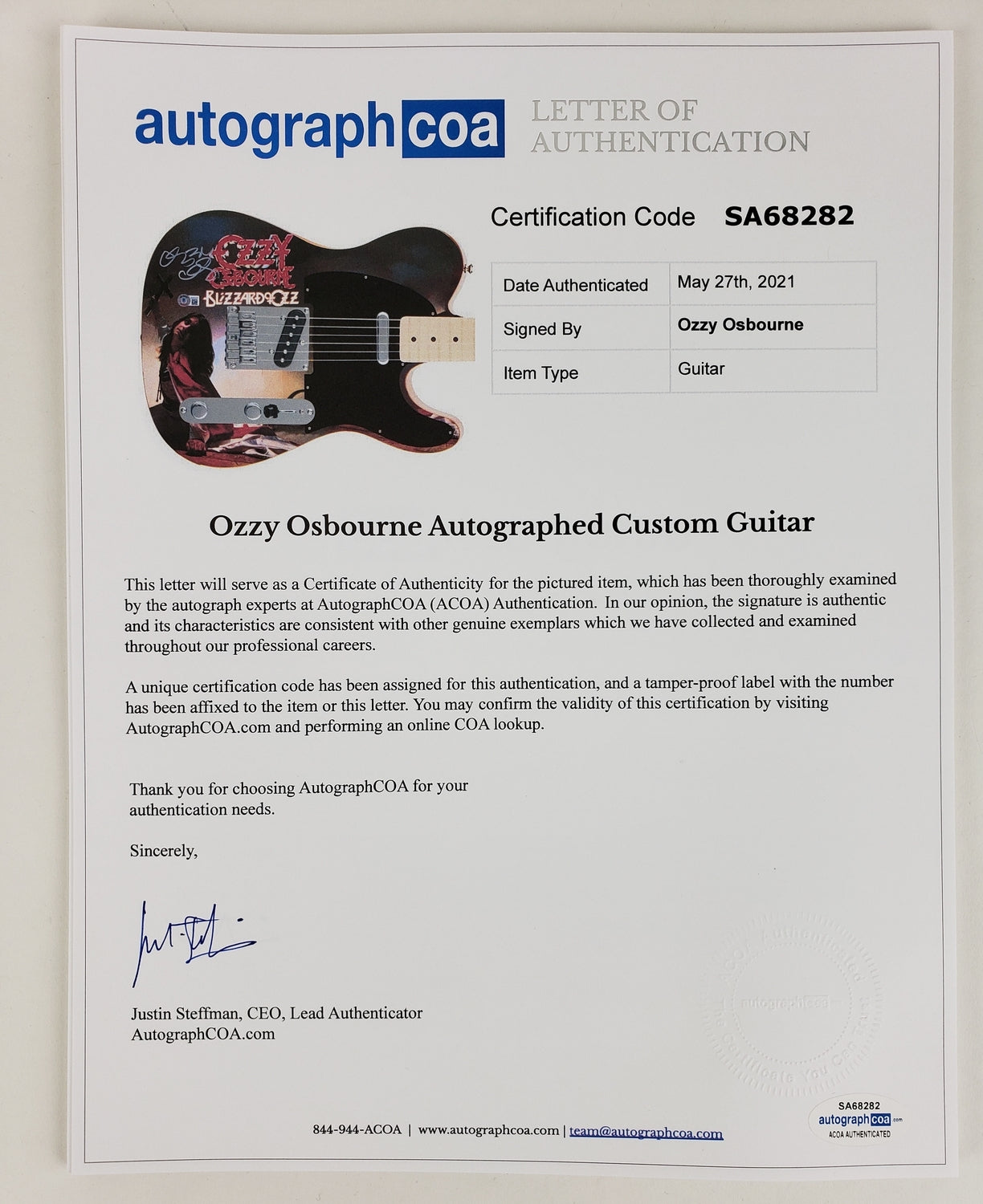 Ozzy Osbourne Autographed Fender Blizzard Of Ozz Graphics Photo Guitar BAS Witness