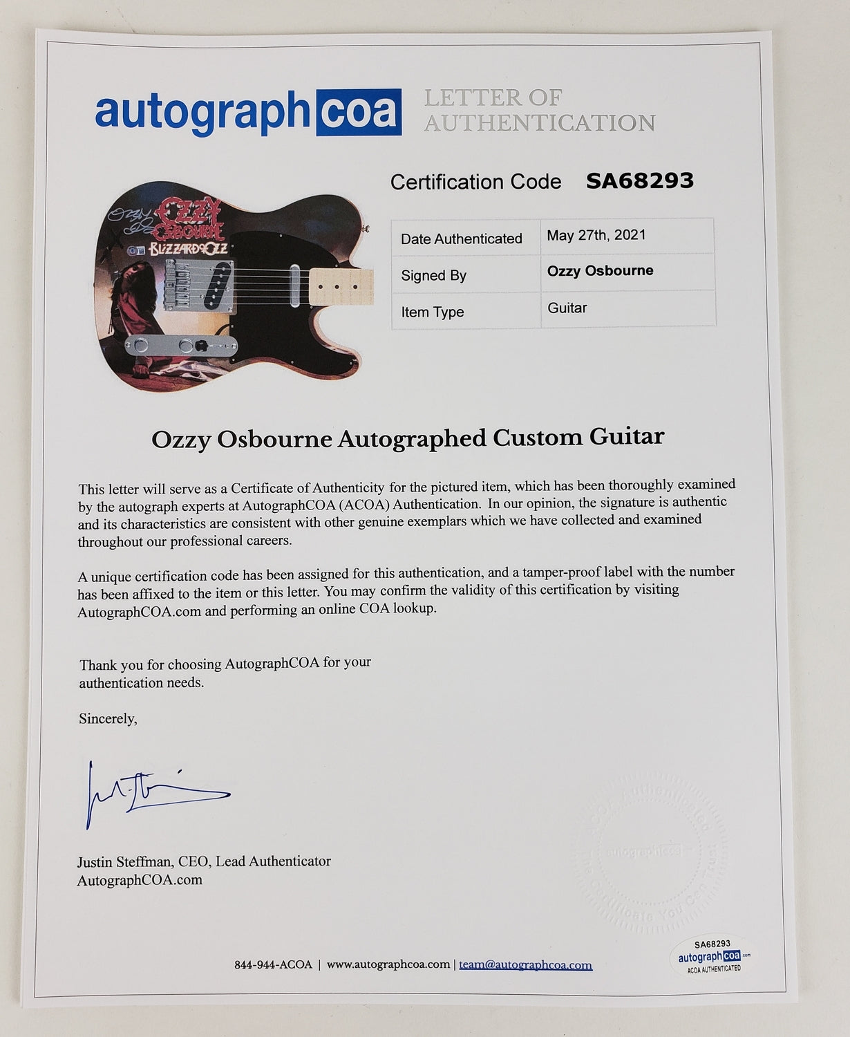 Ozzy Osbourne Autographed Fender Blizzard Of Ozz Graphics Photo Guitar BAS Witness