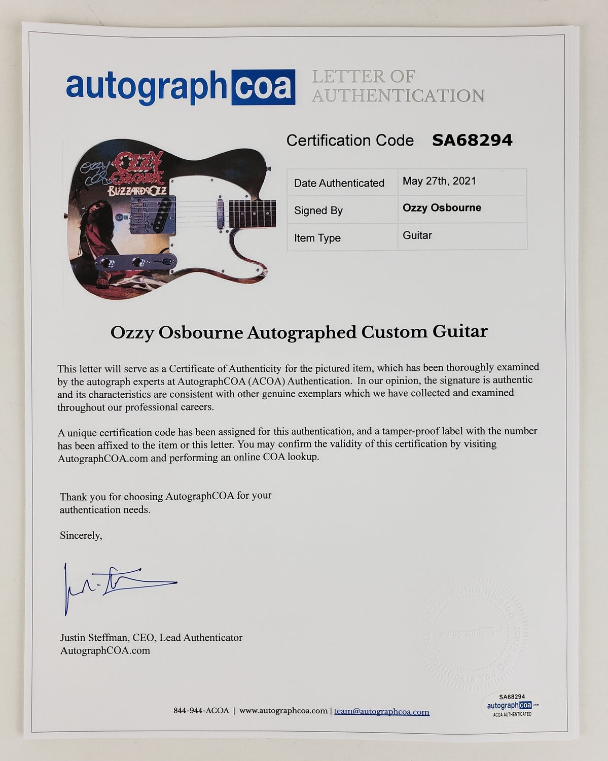 Ozzy Osbourne Autographed Blizzard Of Ozz Album Lp Graphics Photo Guitar BAS Witness