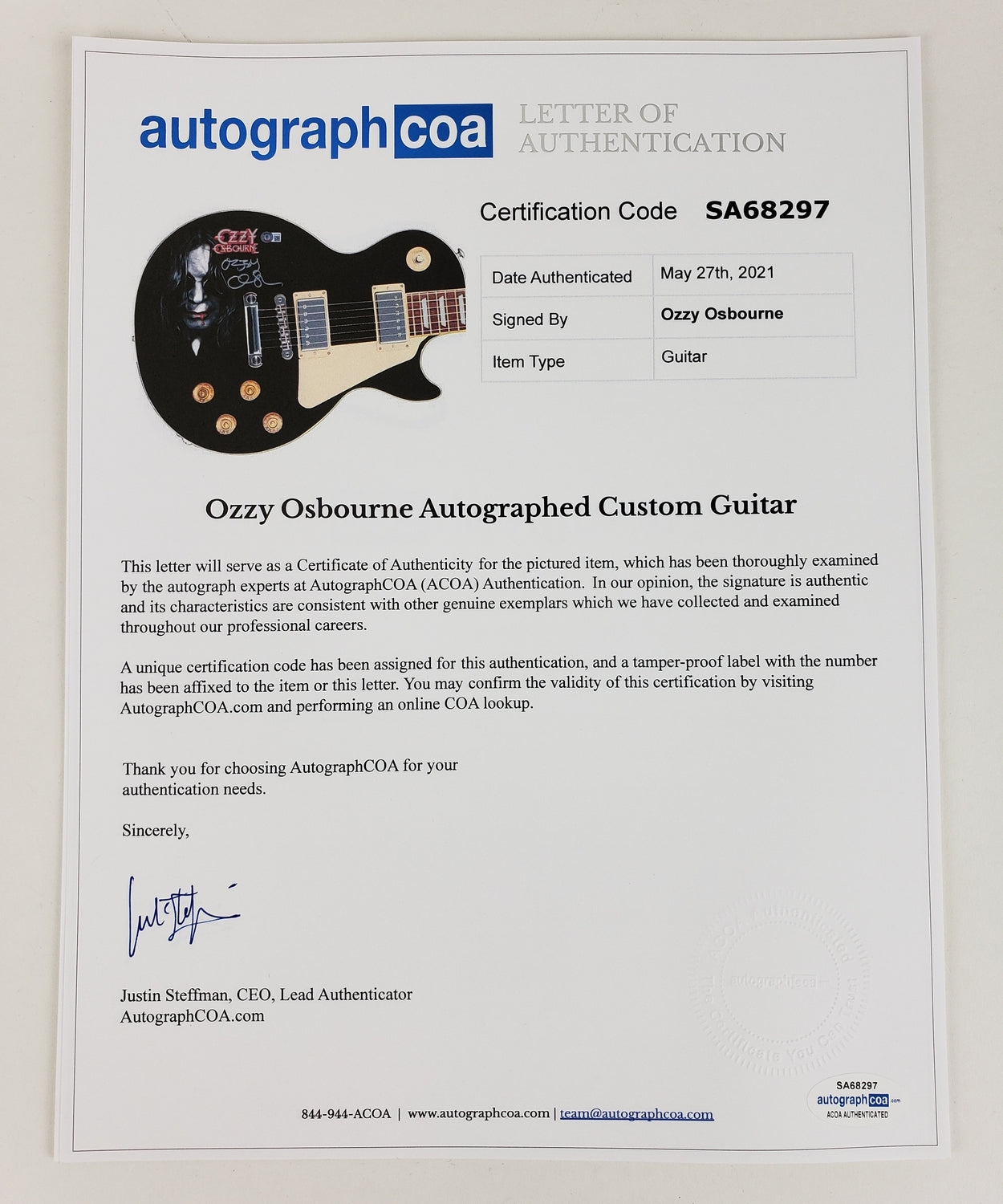 Ozzy Osbourne Signed Les Paul Epiphone Graphics Photo Guitar BAS Witness