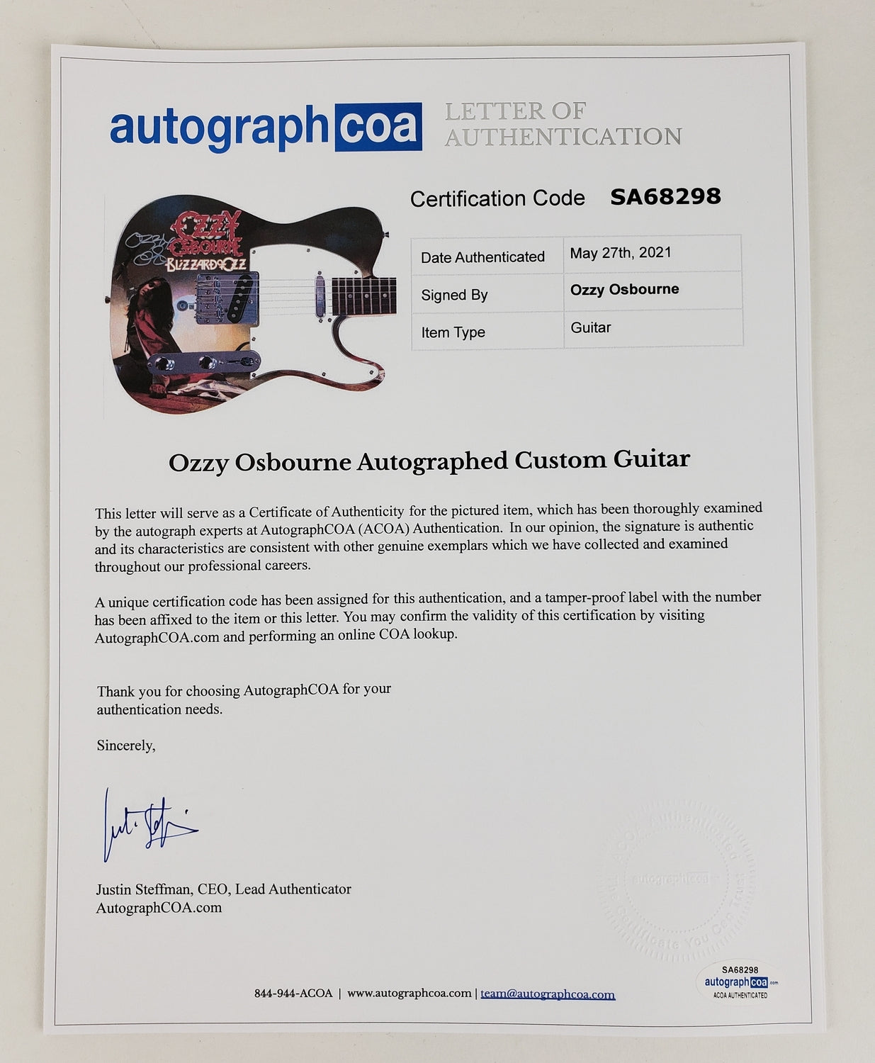 Ozzy Osbourne Autographed Blizzard Of Ozz Album Graphics Photo Guitar BAS Witness