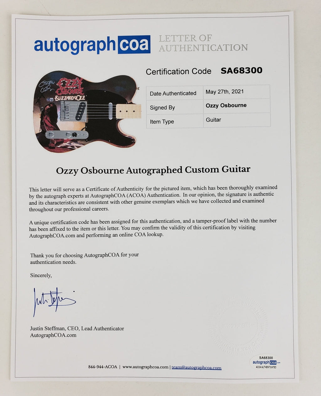 Ozzy Osbourne Autographed Fender Blizzard Of Ozz Graphics Photo Guitar BAS Witness
