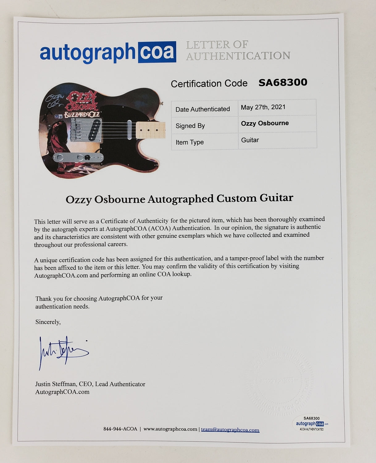 Ozzy Osbourne Autographed Fender Blizzard Of Ozz Graphics Photo Guitar BAS Witness