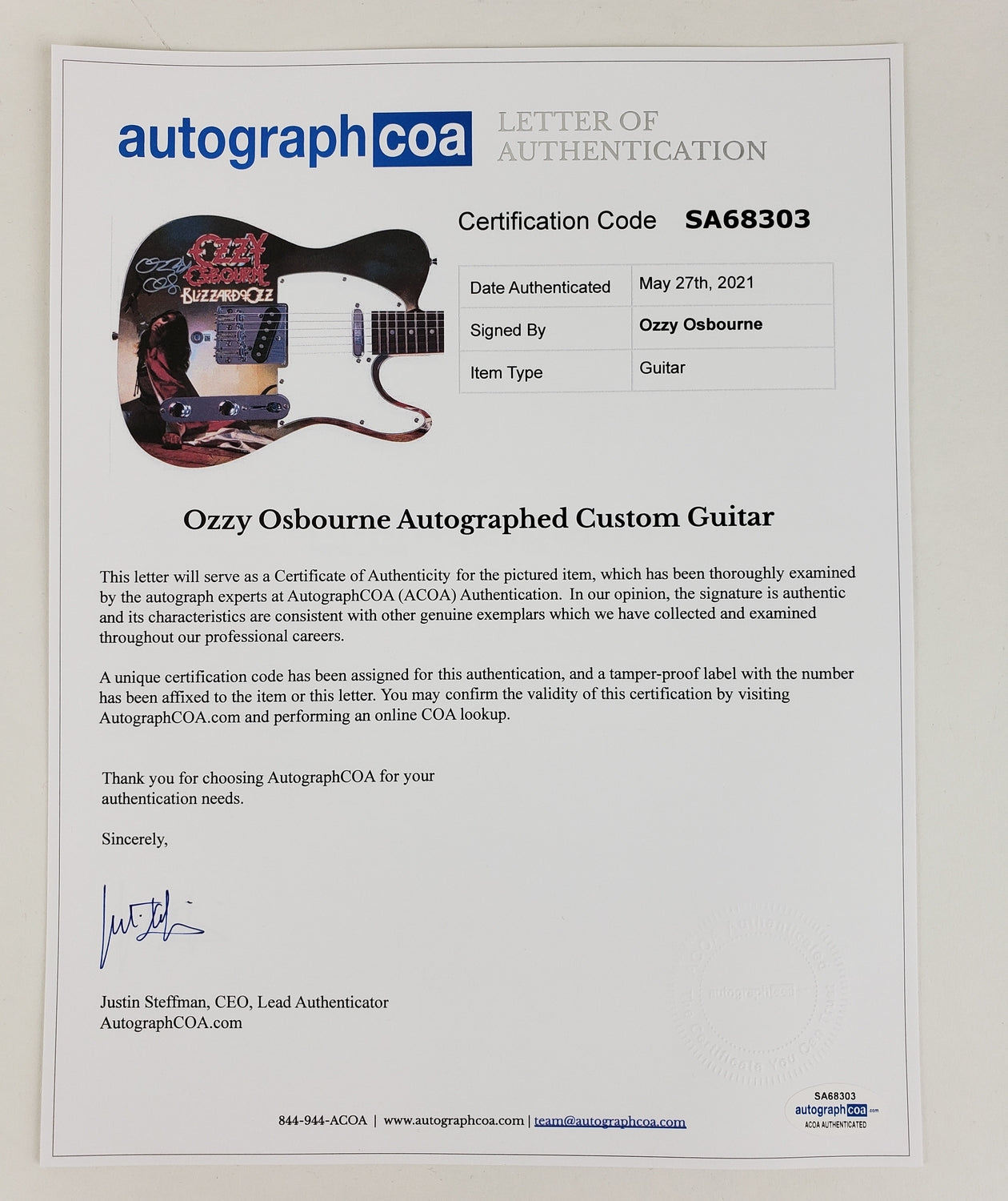 Ozzy Osbourne Autographed Blizzard Of Ozz Album Graphics Photo Guitar BAS Witness