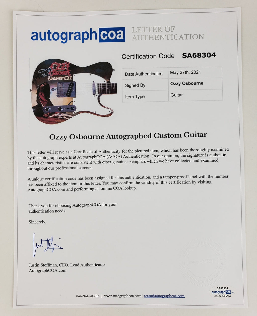 Ozzy Osbourne Autographed Blizzard Of Ozz Album LP Graphics Photo Guitar BAS Witness