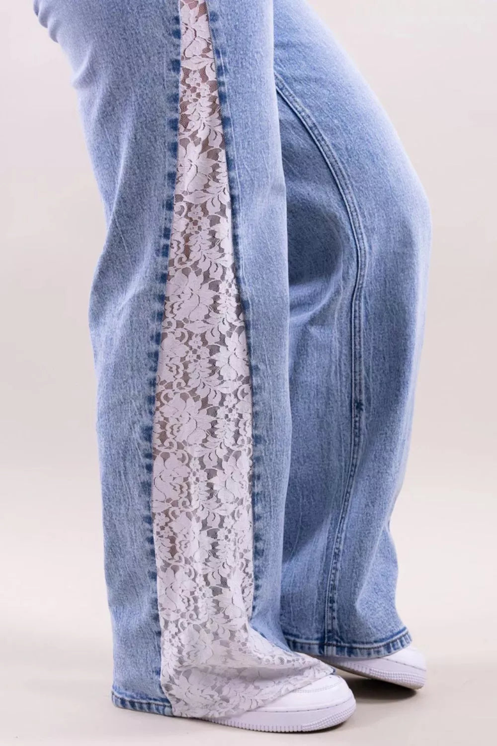 Lace-Paneled Wide-Leg Jeans