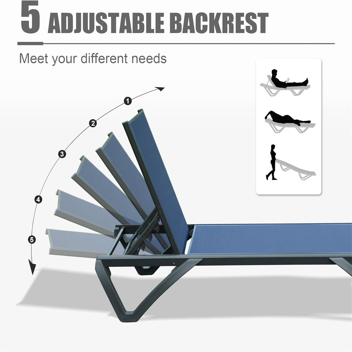 Outdoor Lounge Chair with Adjustable Backrest and Side Table - Aluminum Plastic