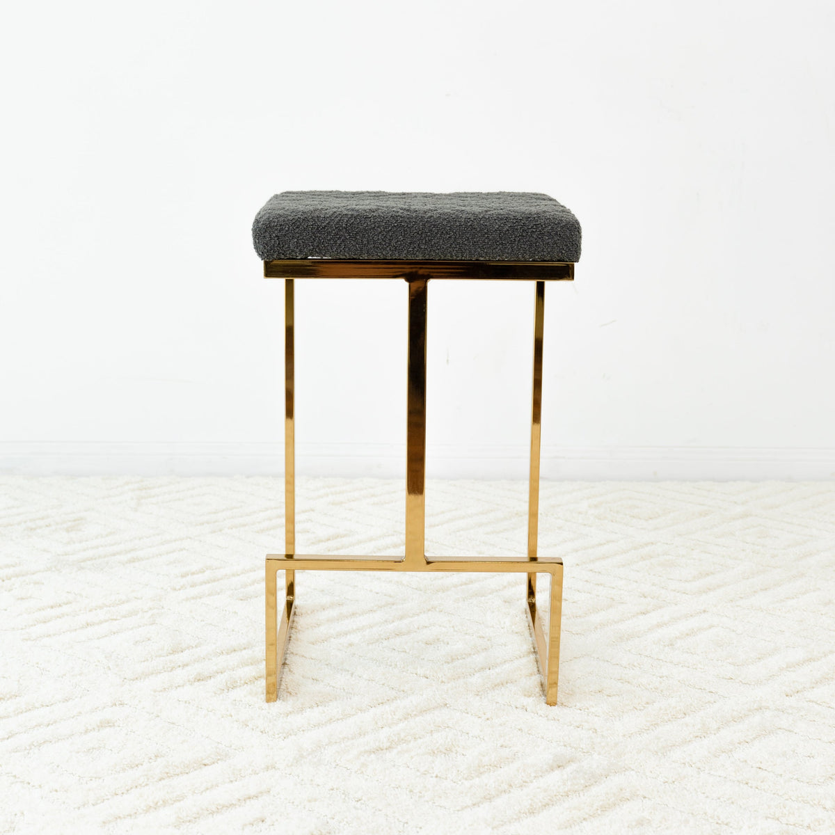 Mid Century Modern Upholstered Stool with Boucle Fabric - Beige or Grey