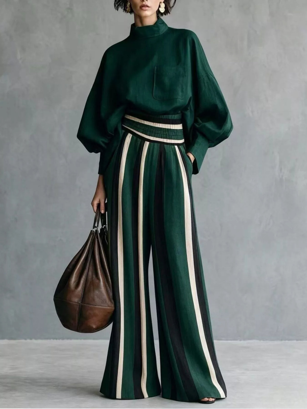 Full Size Mock Neck Top and Striped Wide-Leg Pants Set Plus Size