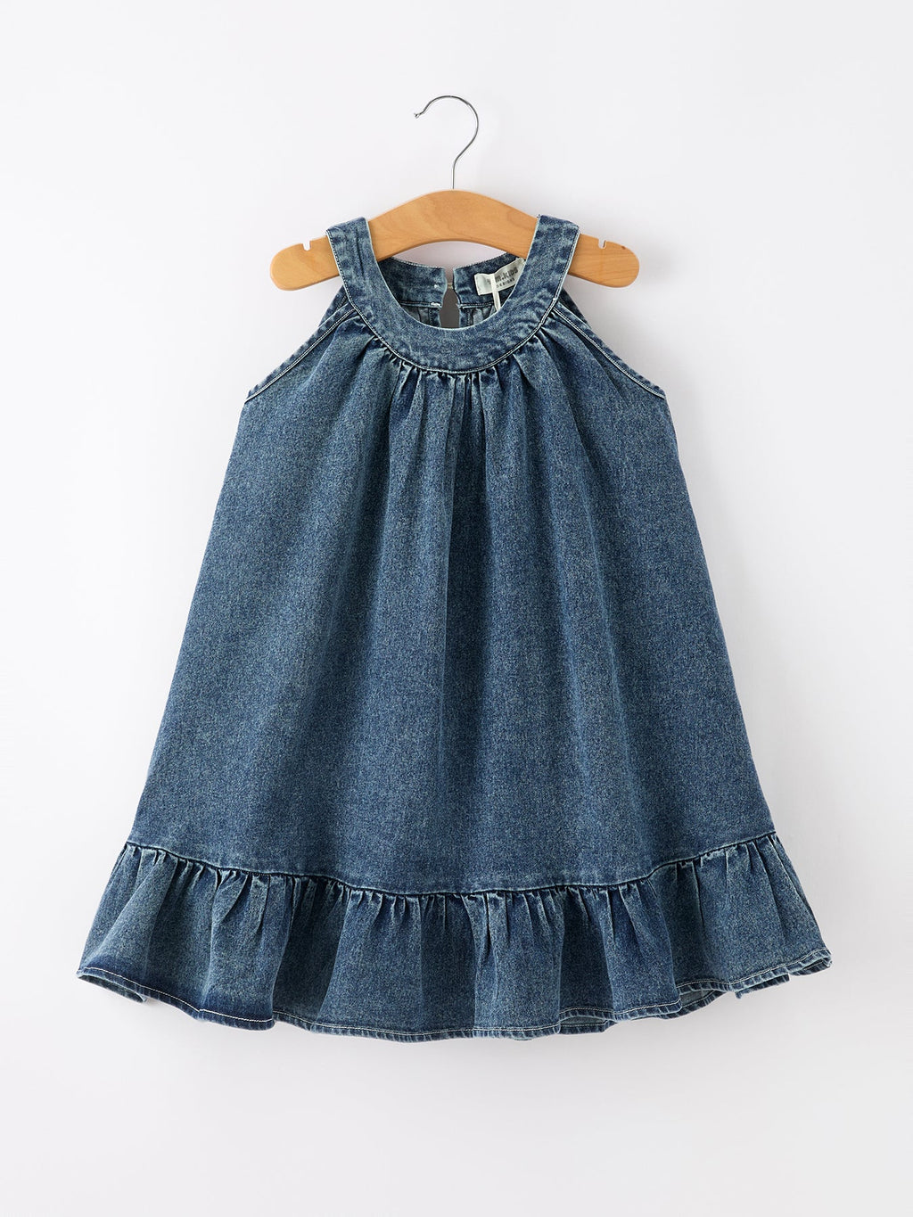 Girls Denim Ruffle Trim A-Line Dress
