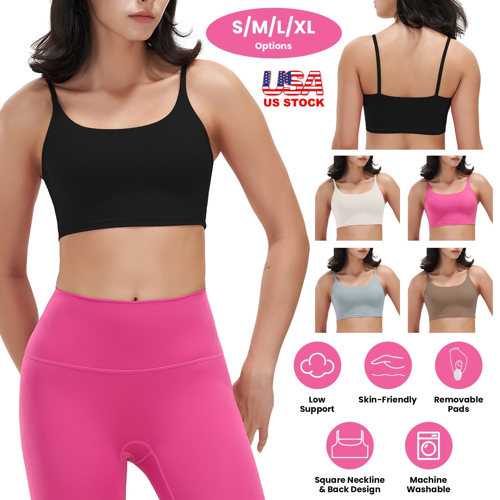 Women Sport Bras with Removable Pads, Low-Impact Square Neck