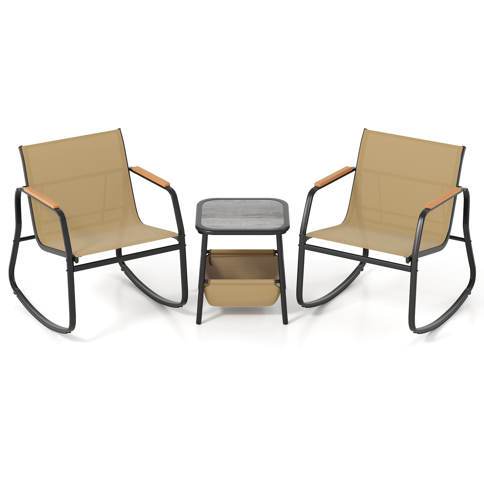 3 Piece Rocking Bistro Chairs and Side Table Set with Storage Bag-Brown