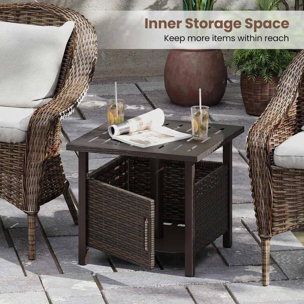 Outdoor Side Table with 1.93" Umbrella Hole All-Weather PE Wicker Patio Umbrella Table-Brown