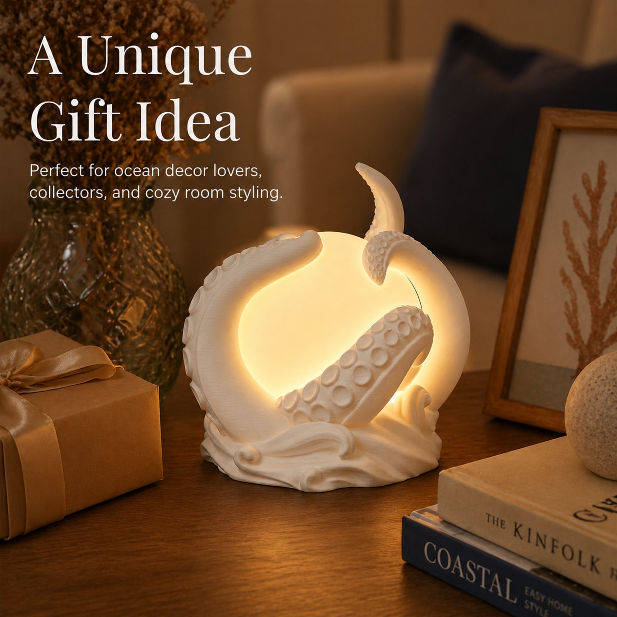 3D Printed Octopus Ambient Table Lamp, Ocean Inspired Warm Glow Decorative Night Light, Sculptural Desk Lamp For Bedroom And Home Decor