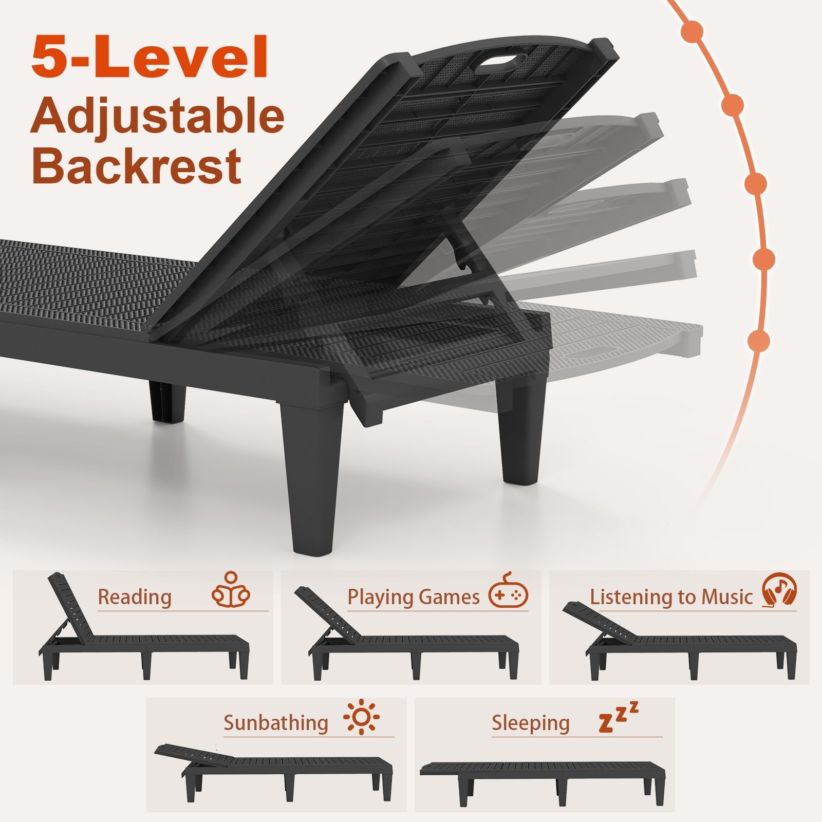 Outdoor PP Chaise Lounge Chairs Set of 2 with 4-Position Adjustable Backrests