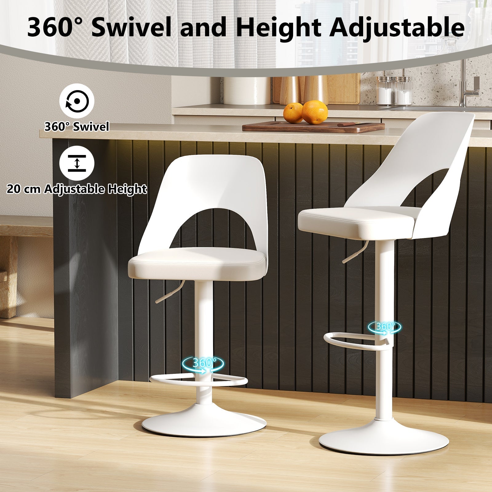Bar Stools Set of 2 with Enlarged PU Leather Seat and Footrest
