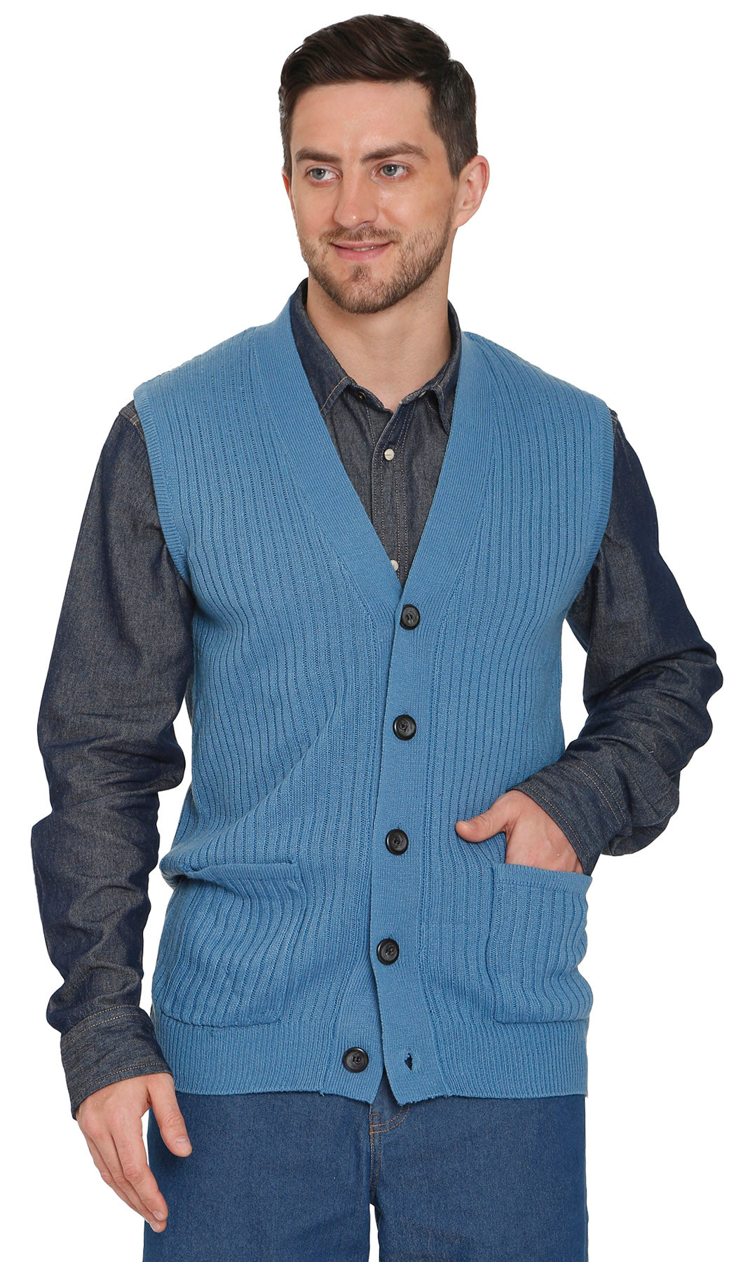 Men's Button Front Rib Knit Sweater Vest with Pockets — Relaxed Fit