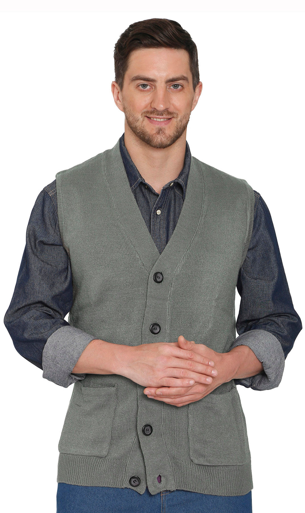 Men's Cashmere-Like Button Front Flat Knit Sweater Vest with Chest Pockets