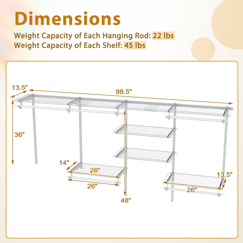 4-8 Feet Closet Organizers and Storage System with Hanging Rod for Laundry Bedroom