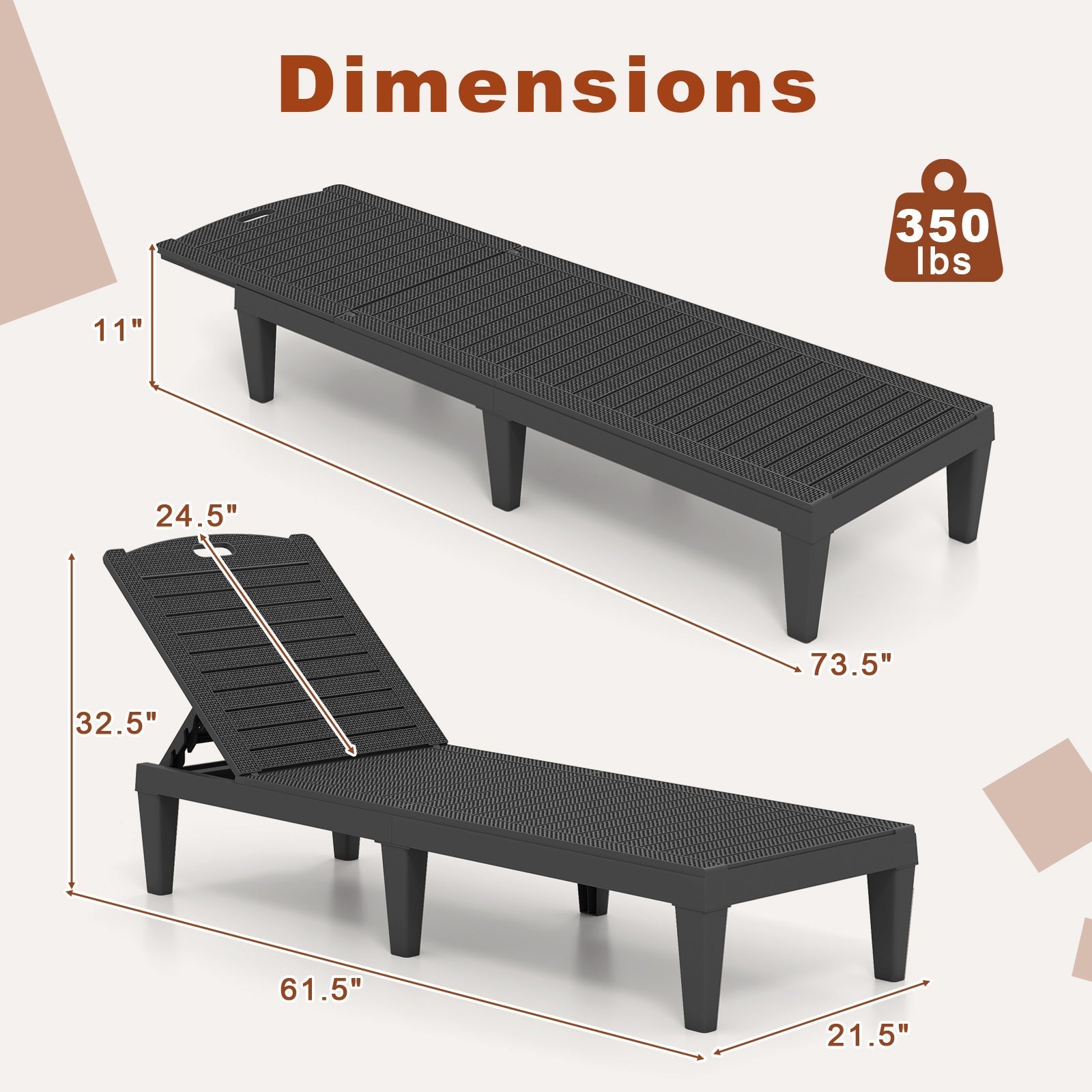 Outdoor PP Chaise Lounge Chairs Set of 2 with 4-Position Adjustable Backrests