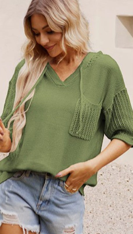 Miss Sparkling V-Neck Drawstring Pocket Knit Short Sleeve Top