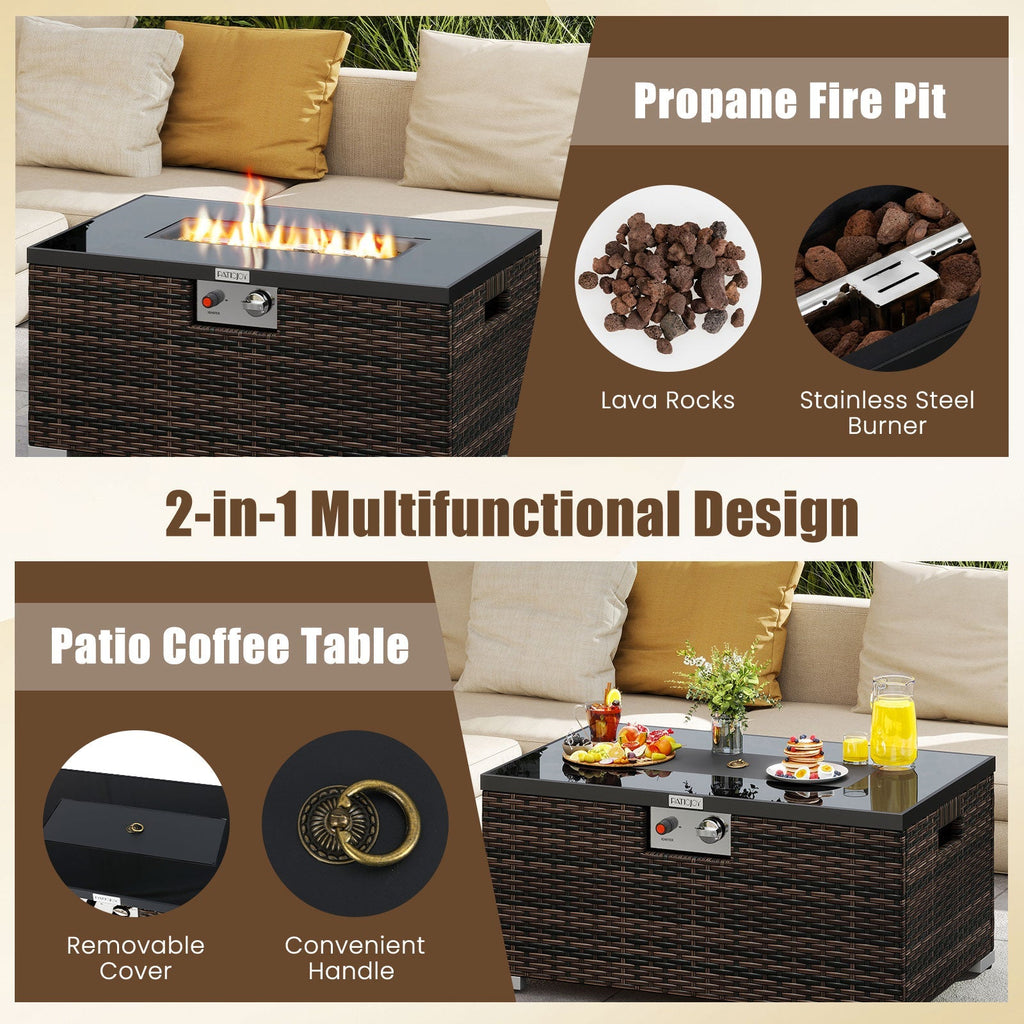 2-Piece Outdoor Rattan Fire Table Set 32 Inch Rectangle Gas Firepit with Tank Cover
