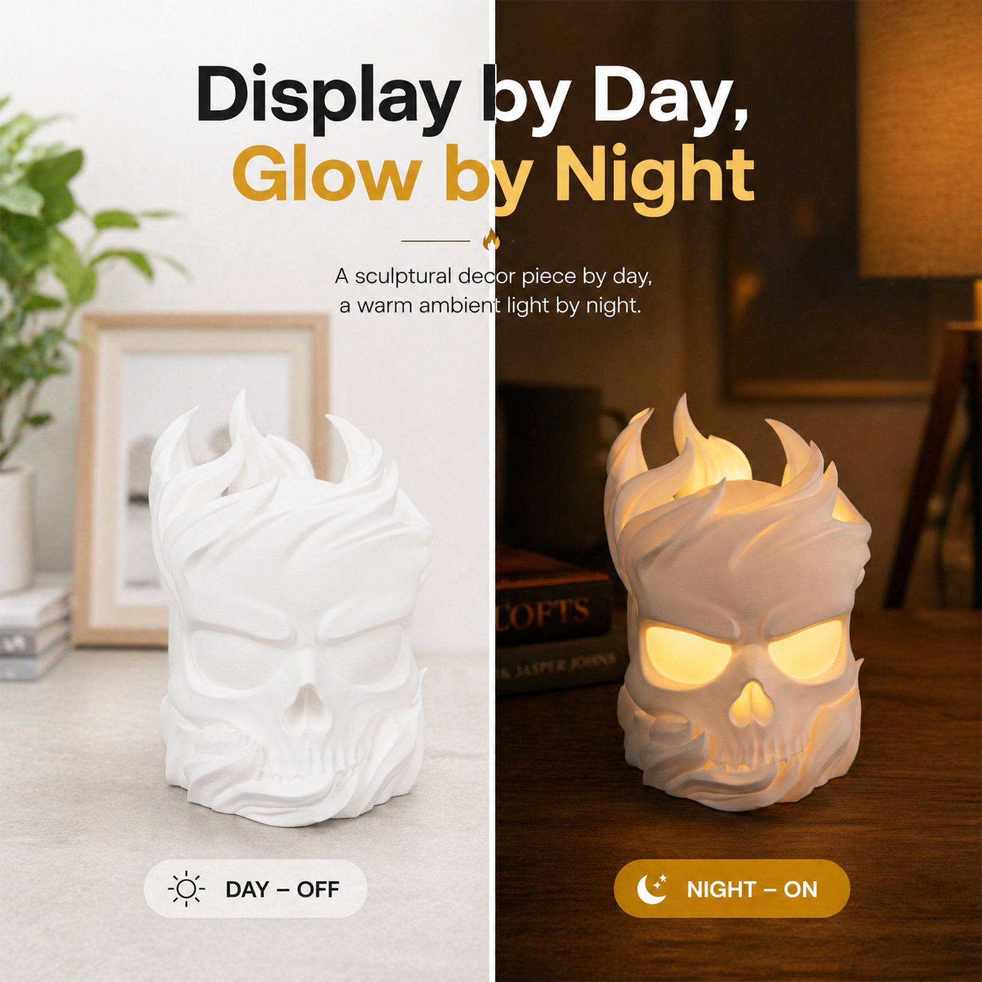 3D Printed Flame Skull Ambient Table Lamp, Warm Glow Decorative Night Light, Gothic Skull Desk Lamp For Bedroom Bookshelf Home Decor