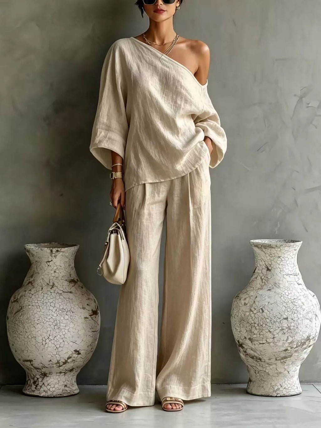 One Shoulder Top and Wide Leg Pants Set