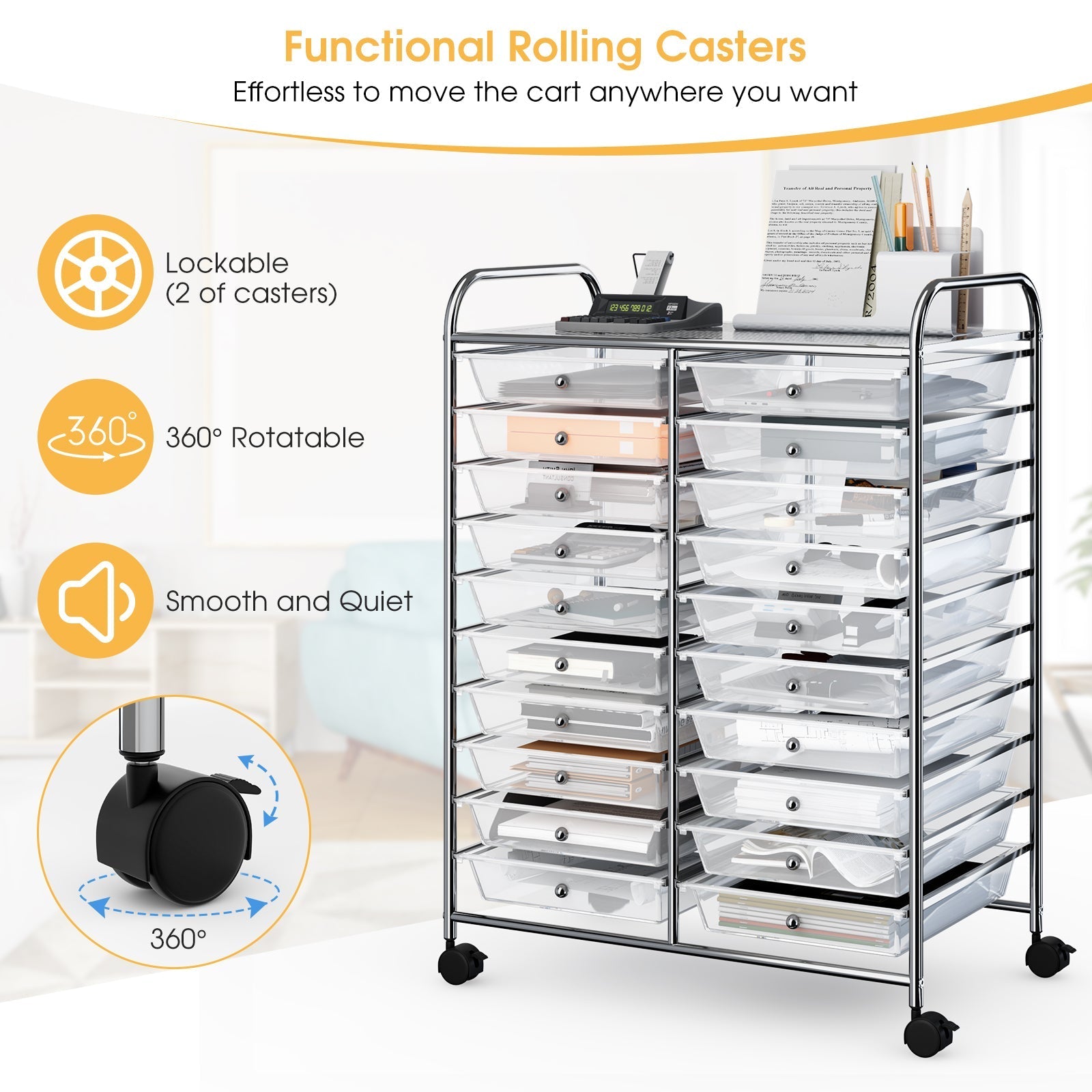 20 Drawers Storage Rolling Cart Studio Organizer-Transparent