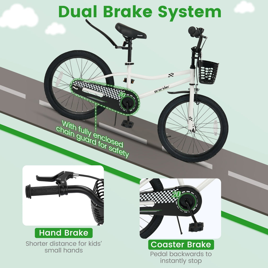 20 Inch Kids Bike Adjustable with Kickstand and Storage Basket for Aged 8+ Years