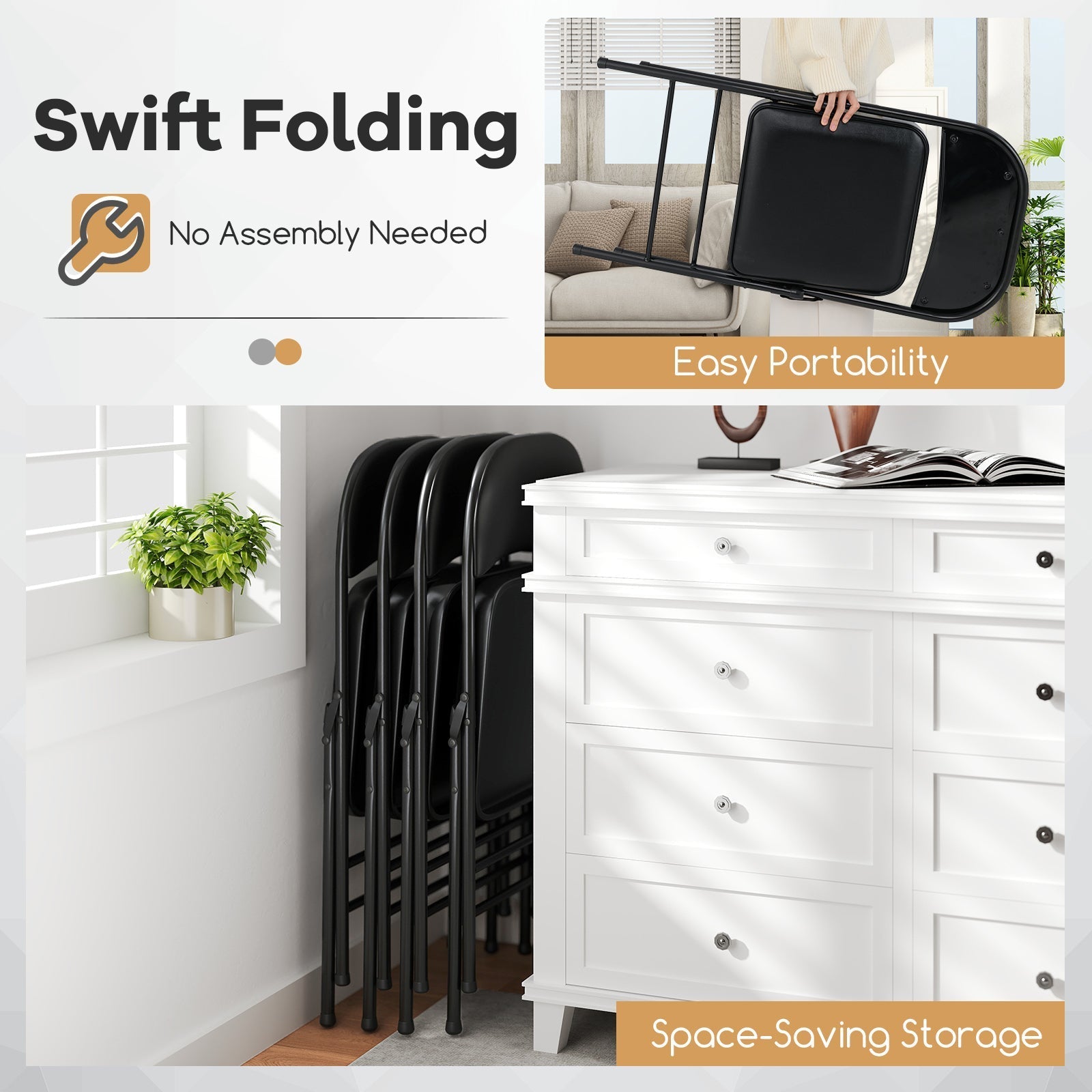 2 Pack Folding Chairs with Metal Frame and PVC Leather for Indoor Outdoor-Black