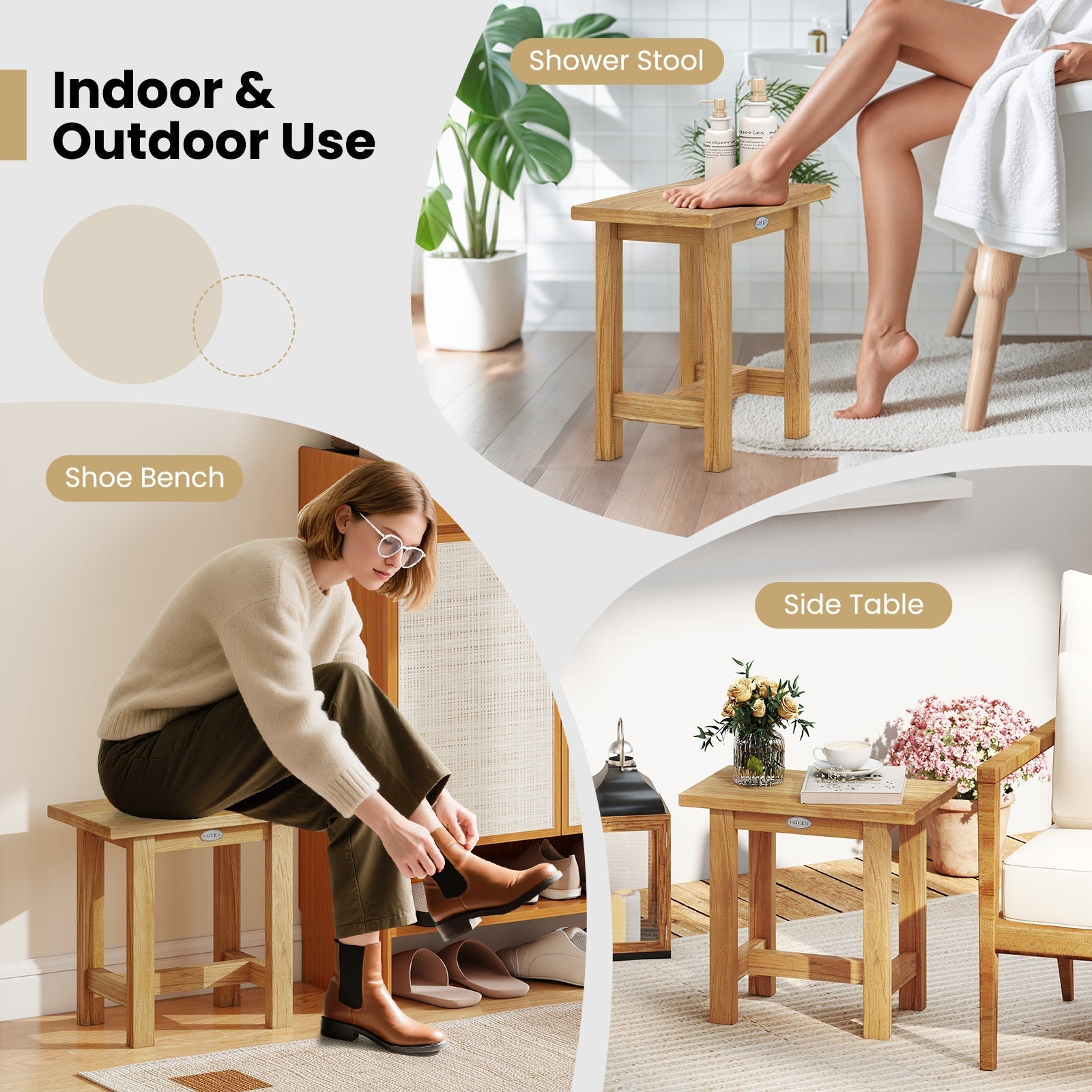 20 inch Teak Shower Bench Waterproof Shower Stool for Shaving Legs