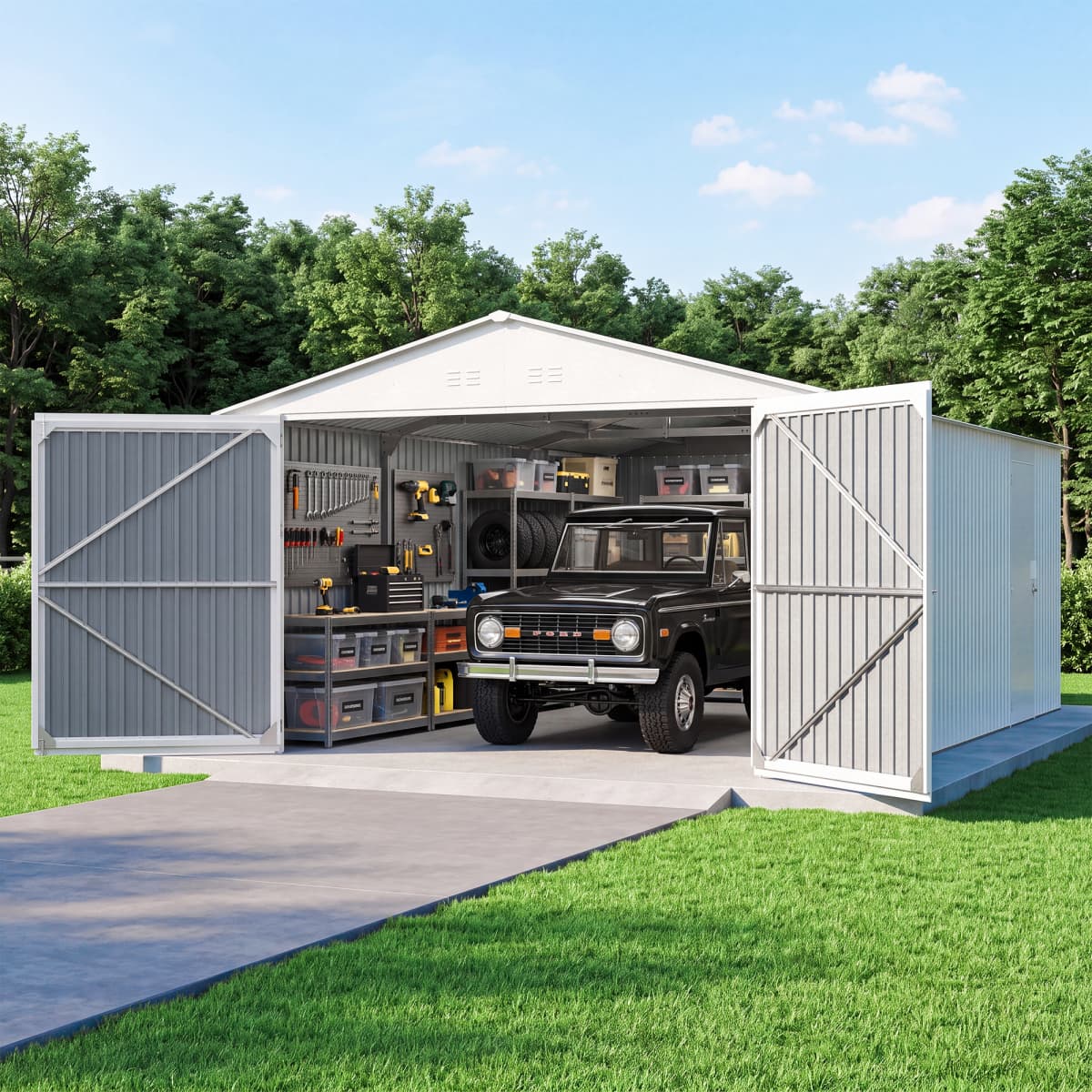 13'x20' Plus Upgraded Metal Shed w/ Double Front Doors & Side Entry Door