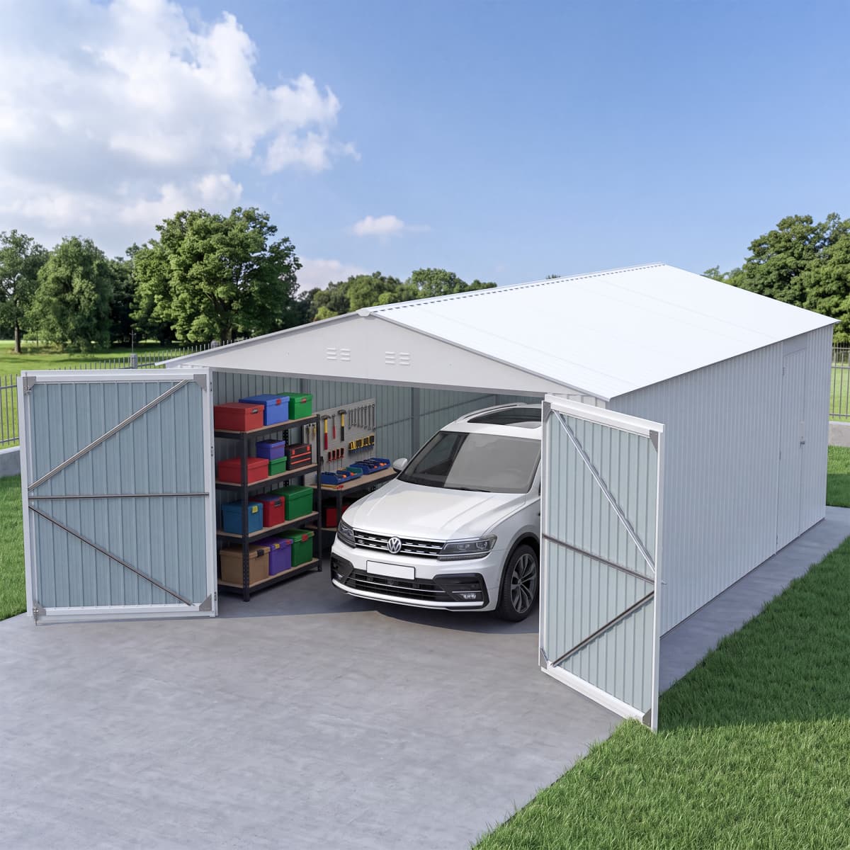 13'x20' Plus Upgraded Metal Shed w/ Double Front Doors & Side Entry Door