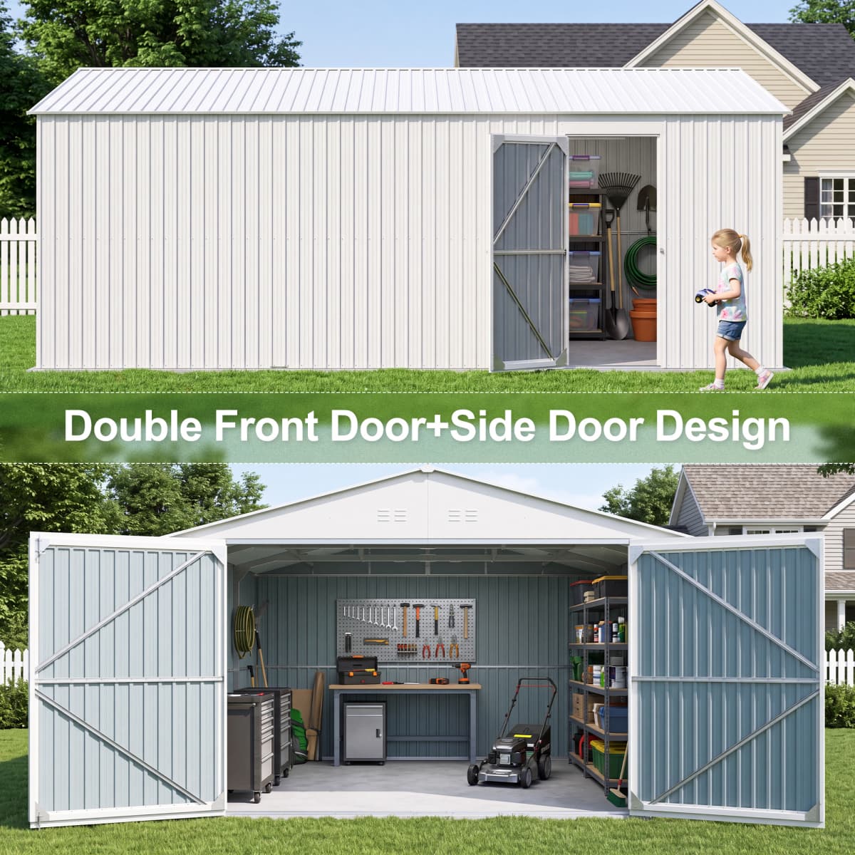 13'x20' Plus Upgraded Metal Shed w/ Double Front Doors & Side Entry Door