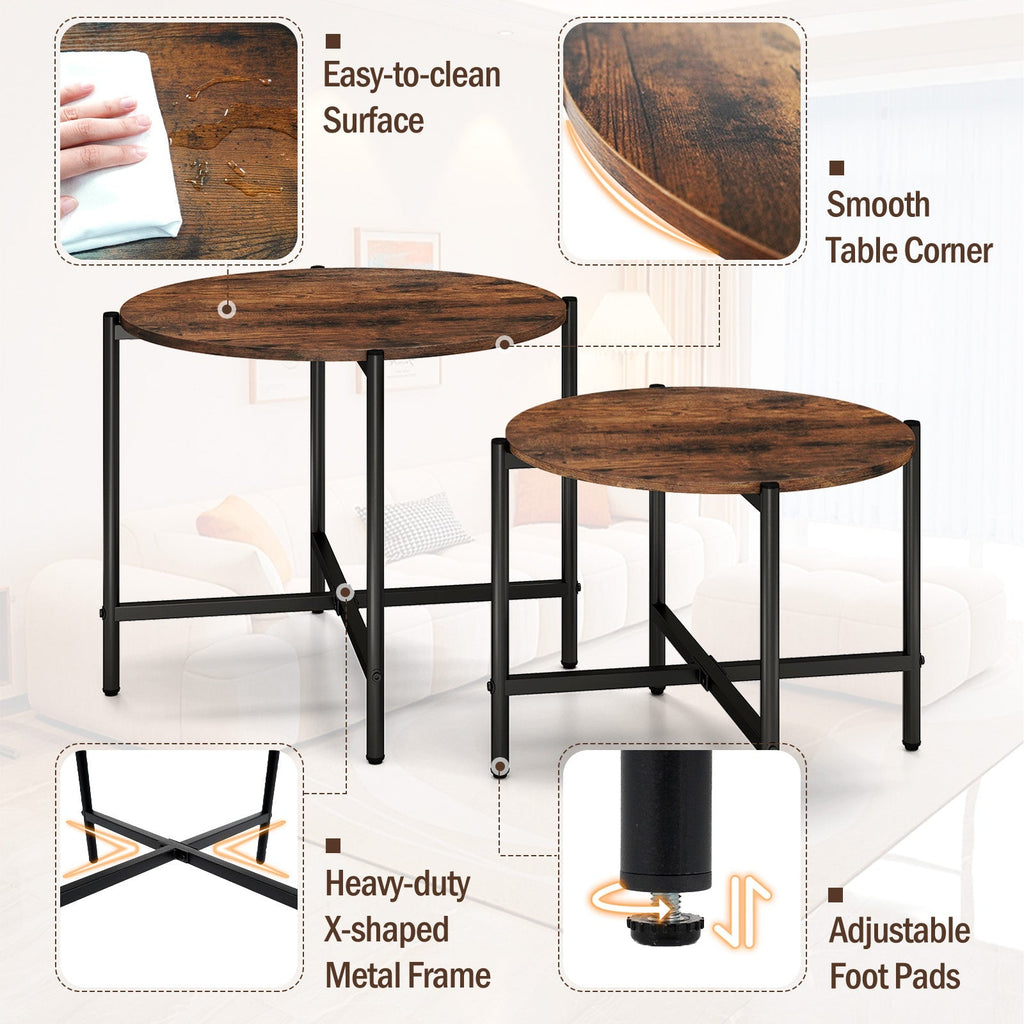 Round Coffee Table Set of 2 with Heavy-Duty Metal Frame