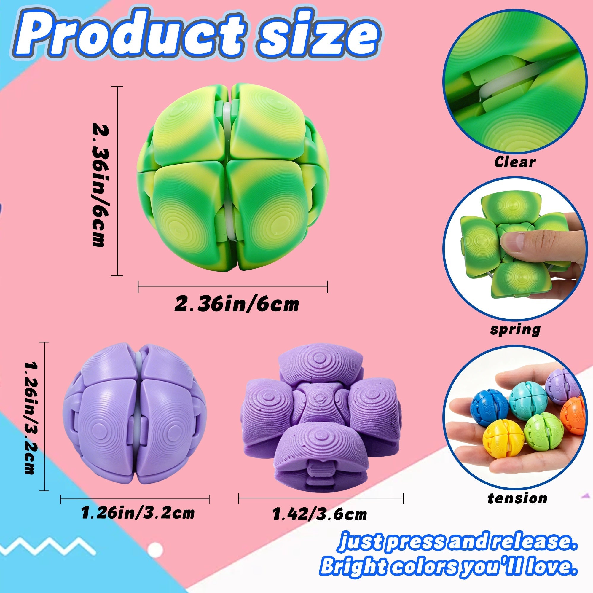 Spring Green Large 3D Printed Stress Relief Ball With 9PCS Mini Fidget Sphere Set, Transforming Press Rotate Sensory Desk Fidget Bundle