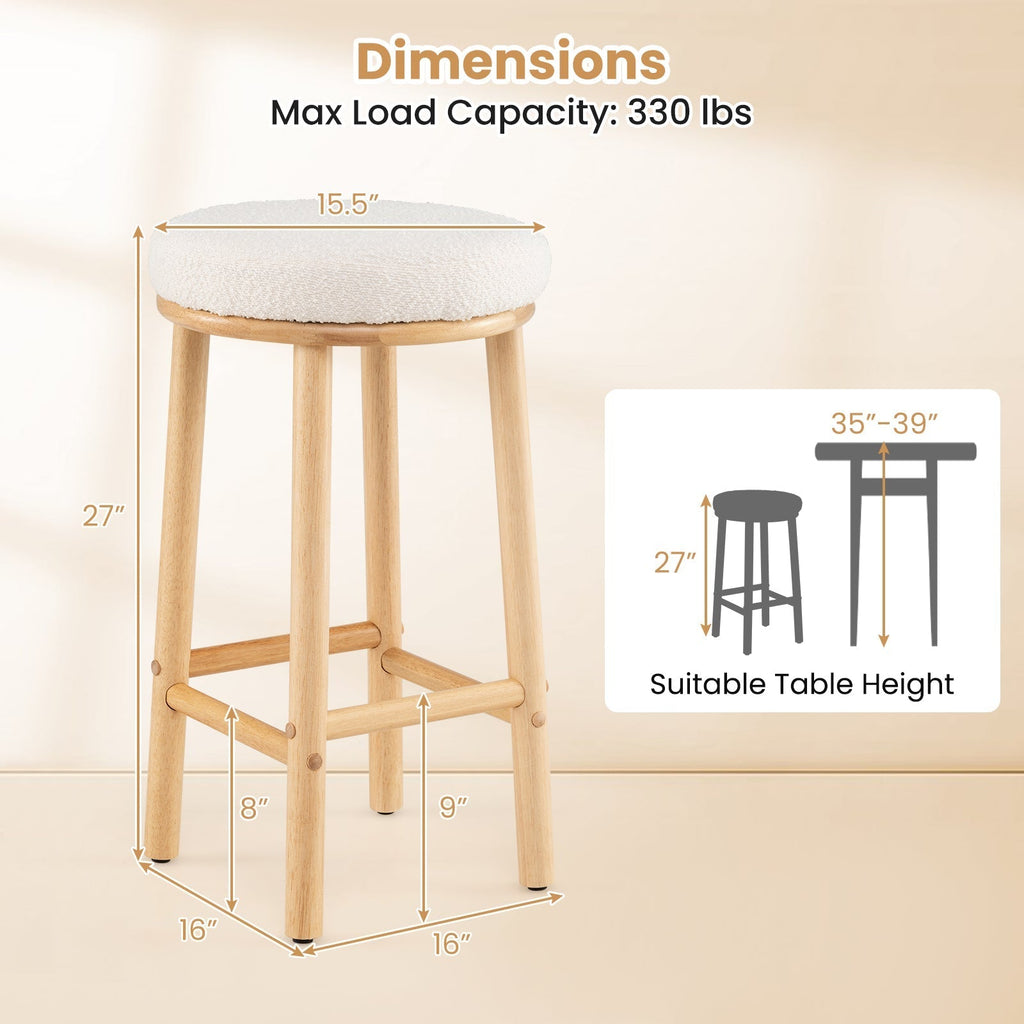 27" Bar Stools Set of 2 Upholstered Barstools with Boucle Fabric Seats-White