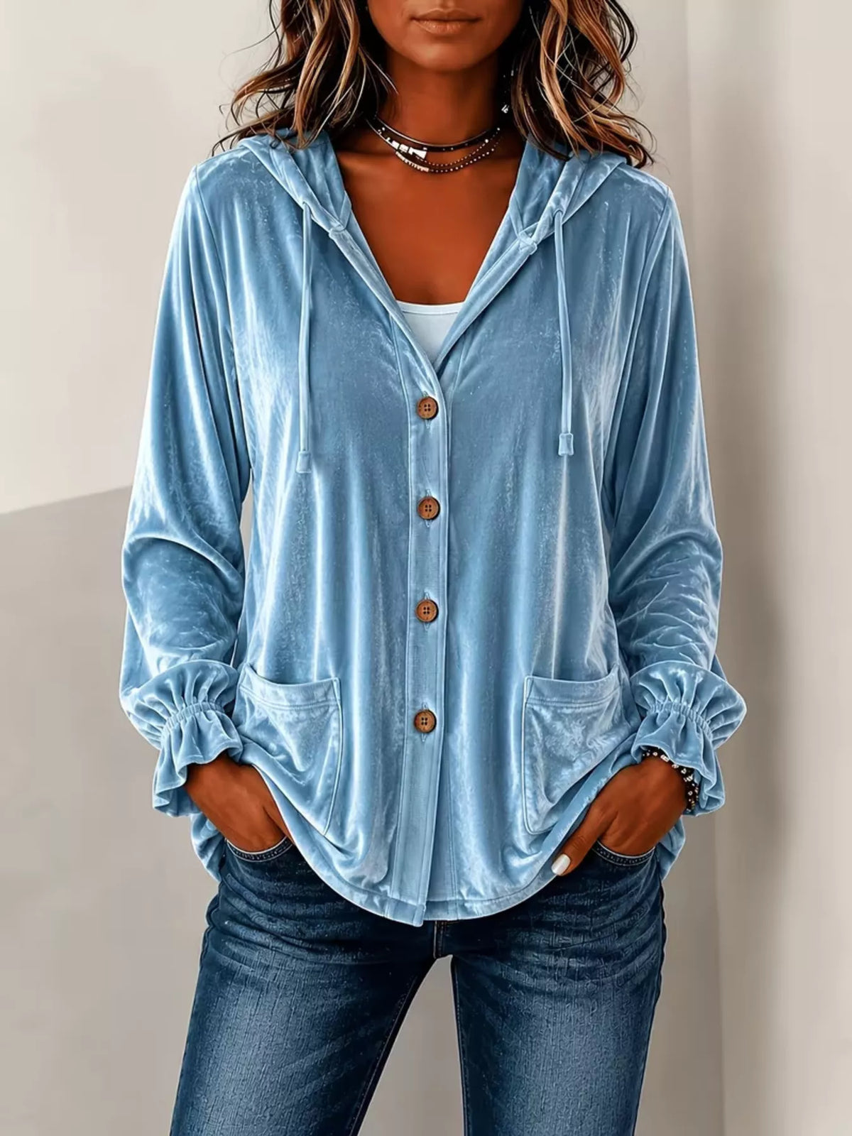 Full Size Velvet Button-Down Hooded Outerwear Plus Size