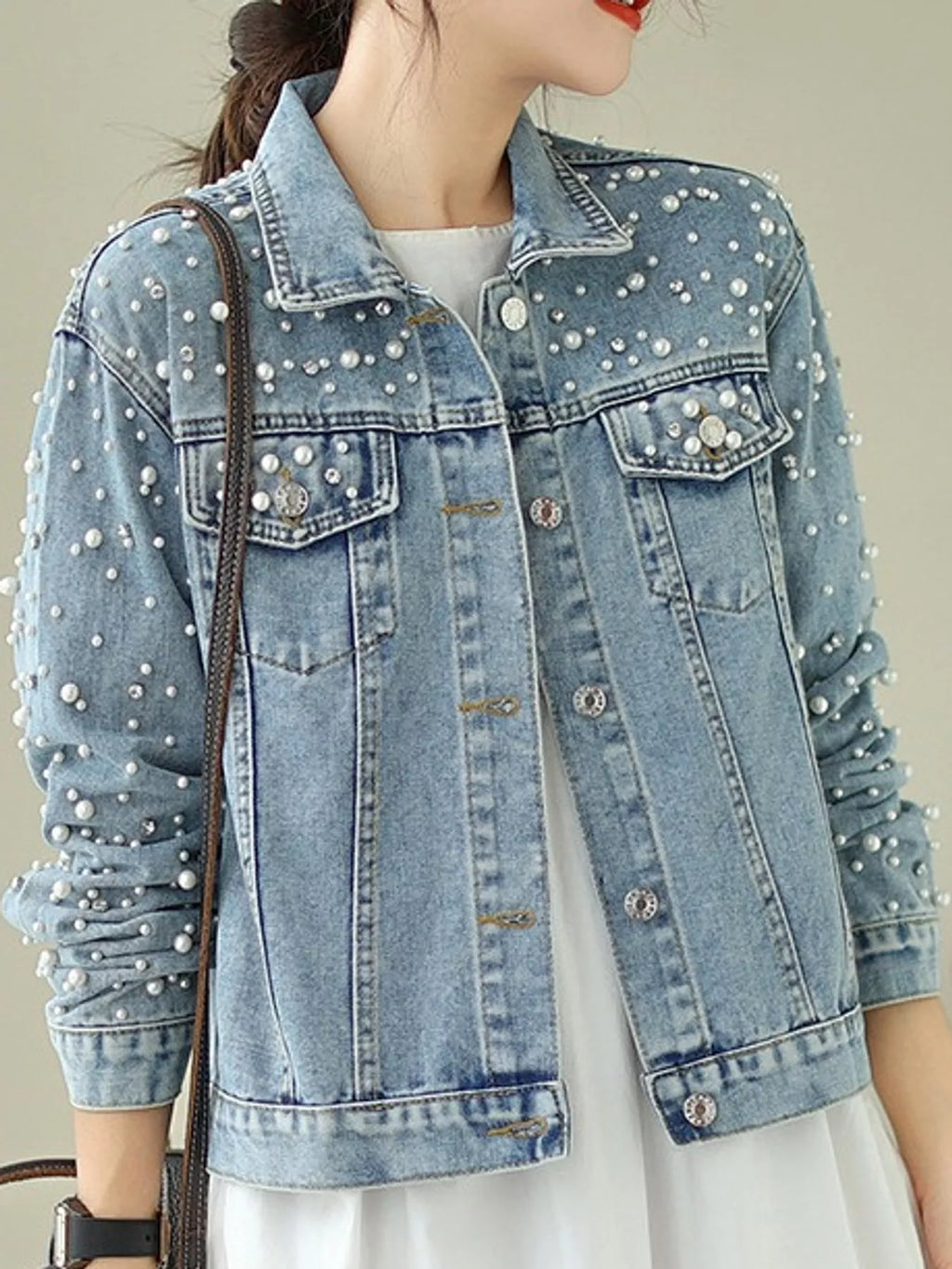 Pearl Detail Button Up Denim Jacket